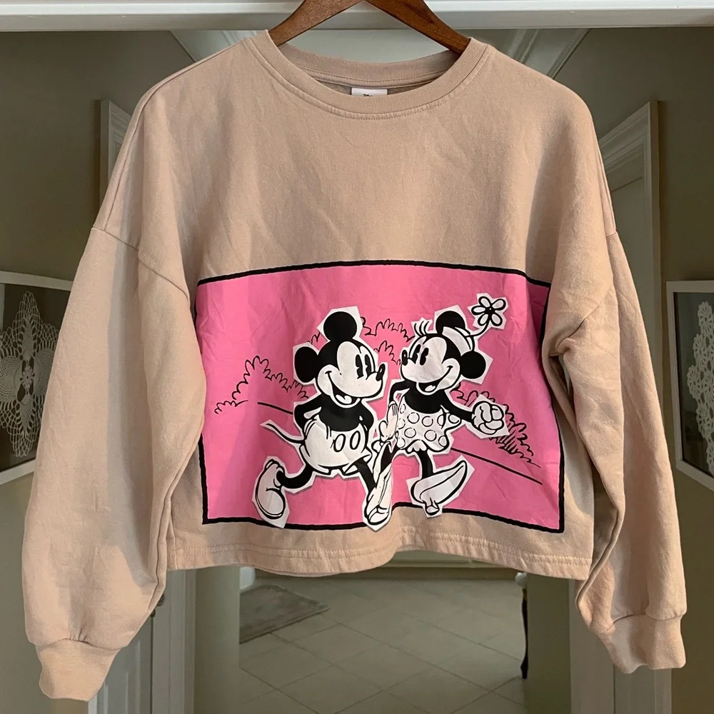 Disney Graphic Crop Sweatshirt Minnie & Micky Mouse Tan/Pink Small - Picture 3 of 7